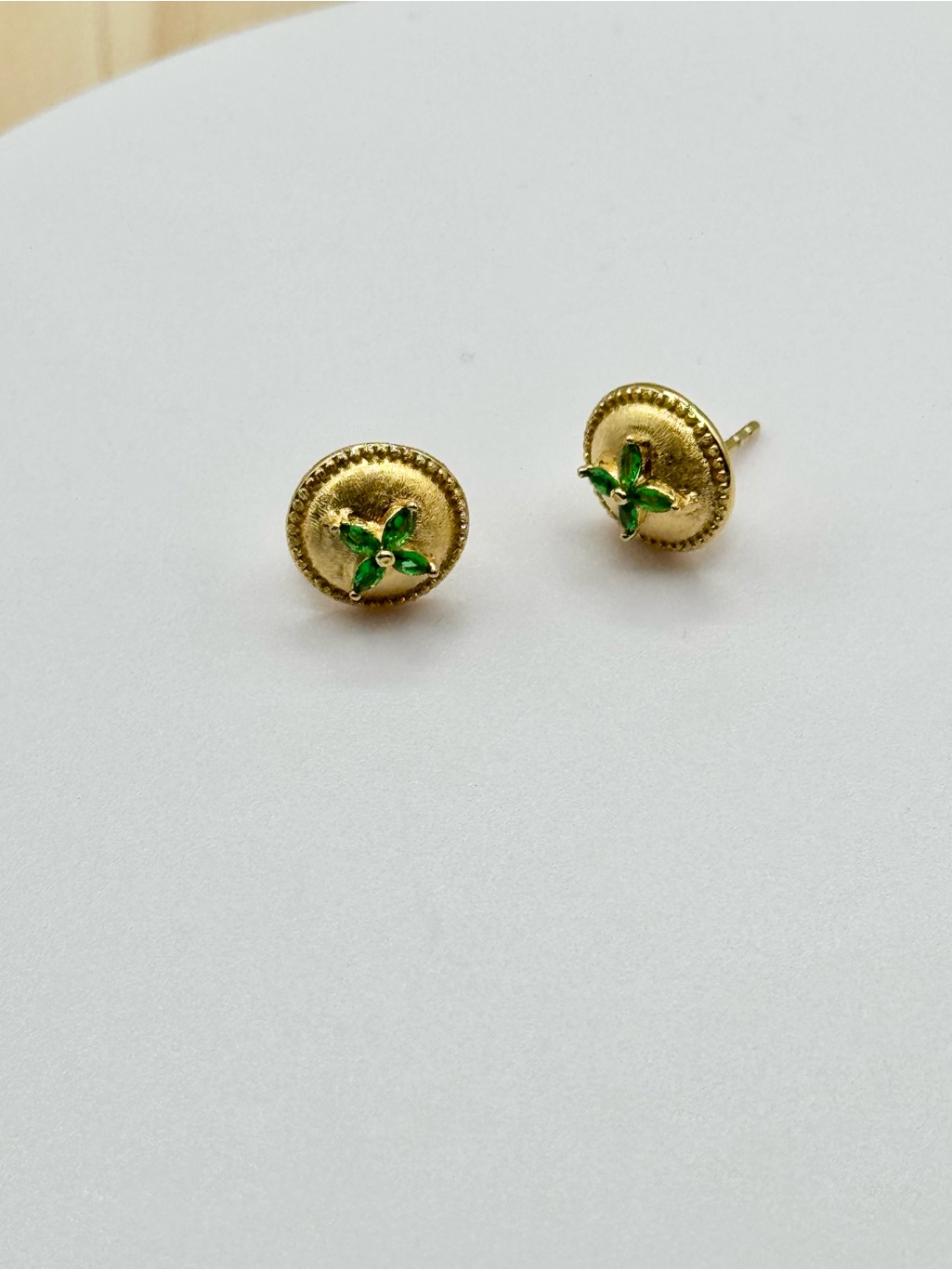 Gold Over Sterling Silver Round Earrings With Green Moissanite Floral Accents
